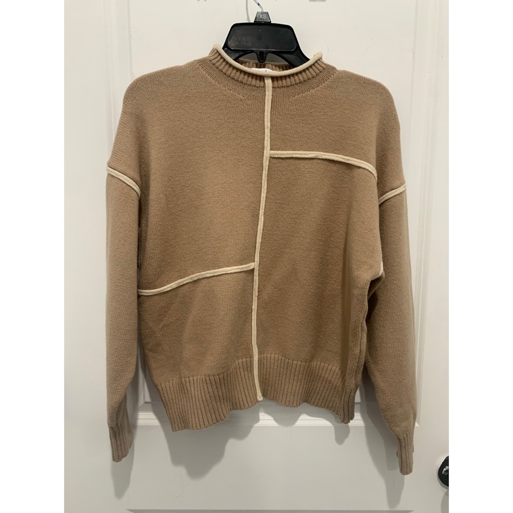 Gilli Tan Mock Neck Sweater Cream Exposed Seam Detail Small Relaxed Fit Knit